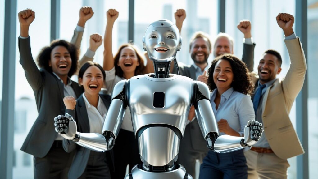 AI robot with diverse business team celebrating success and innovation